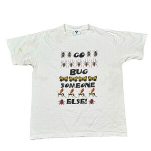 Vintage DFE 'Go Bug Someone Else' T Shirt Single Stitch USA Sz L in White‎